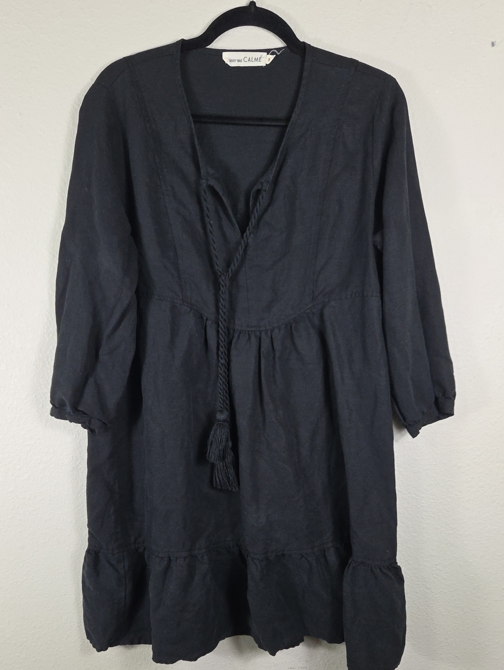 Johnny Was Calme Black Linen Blend Tassel Tie Tiered Dress 3/4 Sleeve Size M